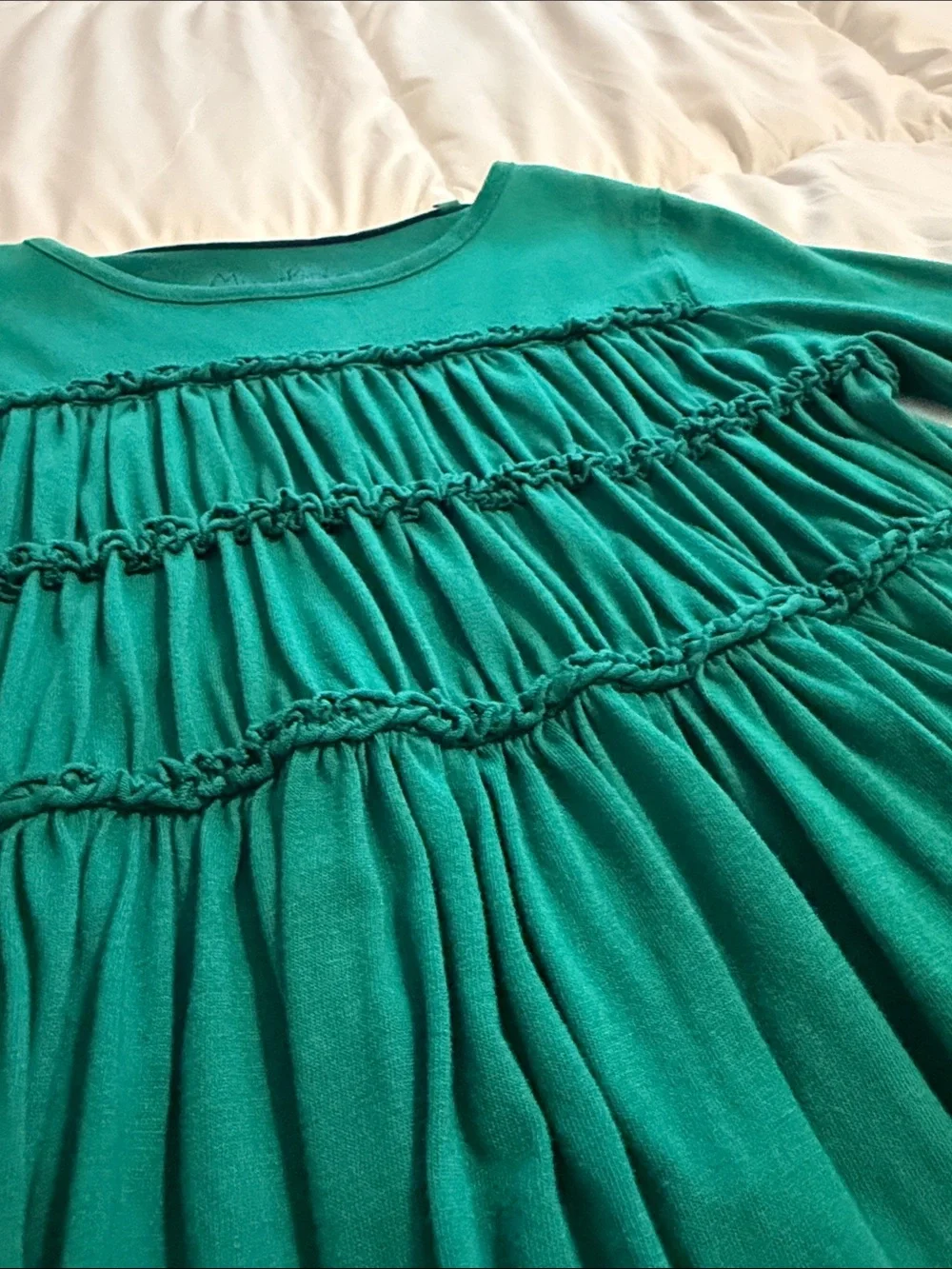 Mini Boden green long-sleeve dress with ruffle trimmed bodice - Size 8-9Y